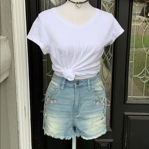 Embroidered blue jean shorts